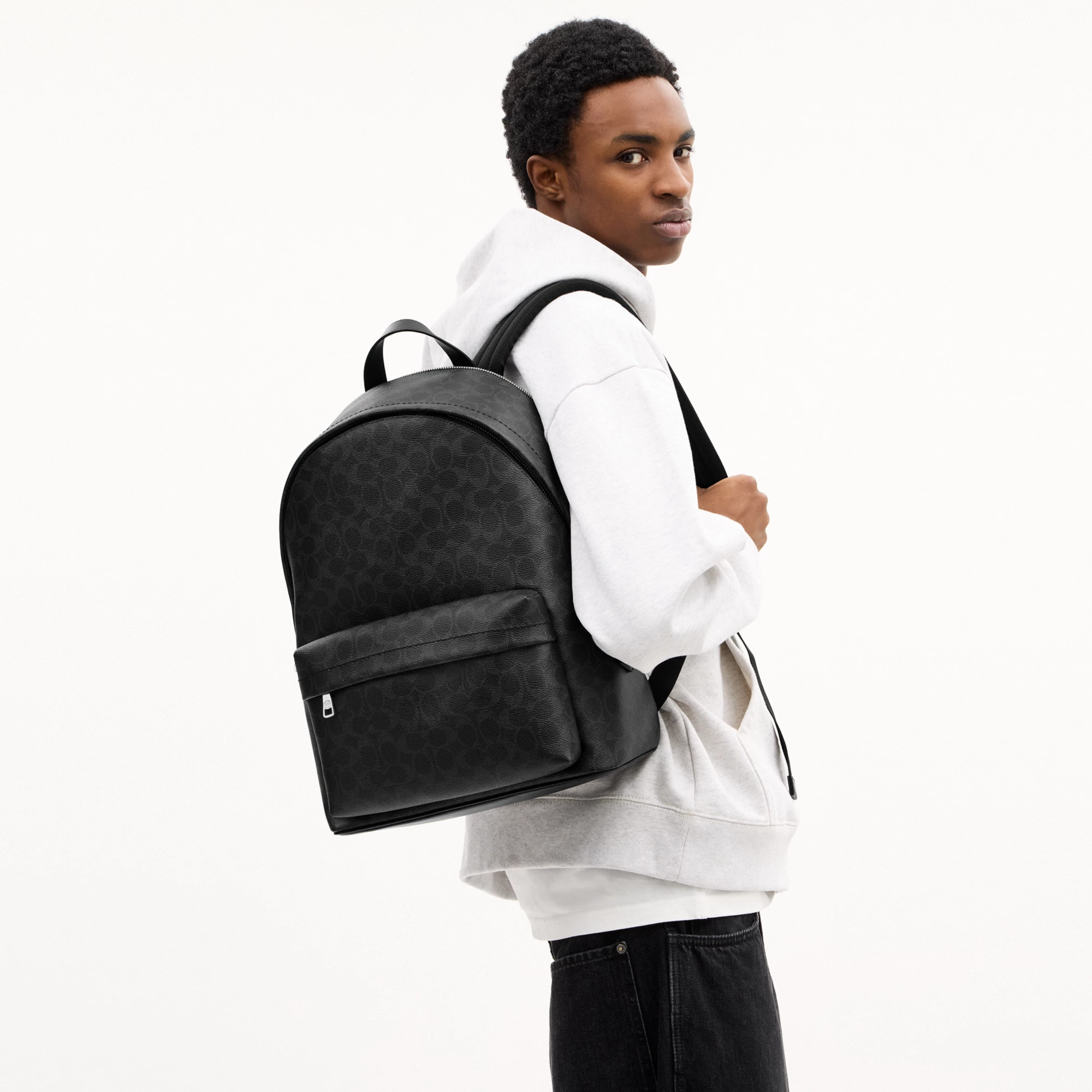 COACH®,Taylor Backpack In Signature Canvas,Leather,Canvas,Backpack,Logo,Suitcase Sleeve,Stain Resistant,Father's Day,Black,Detail View