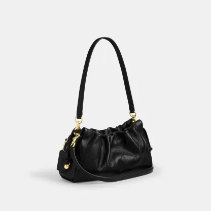 COACH®,Faye Shoulder Bag With Quilting,Shoulder Bag,Ball Embellishment,Logo,Metal,Lined,Adjustable,Gold Metal,Day Party,Black,Angle View