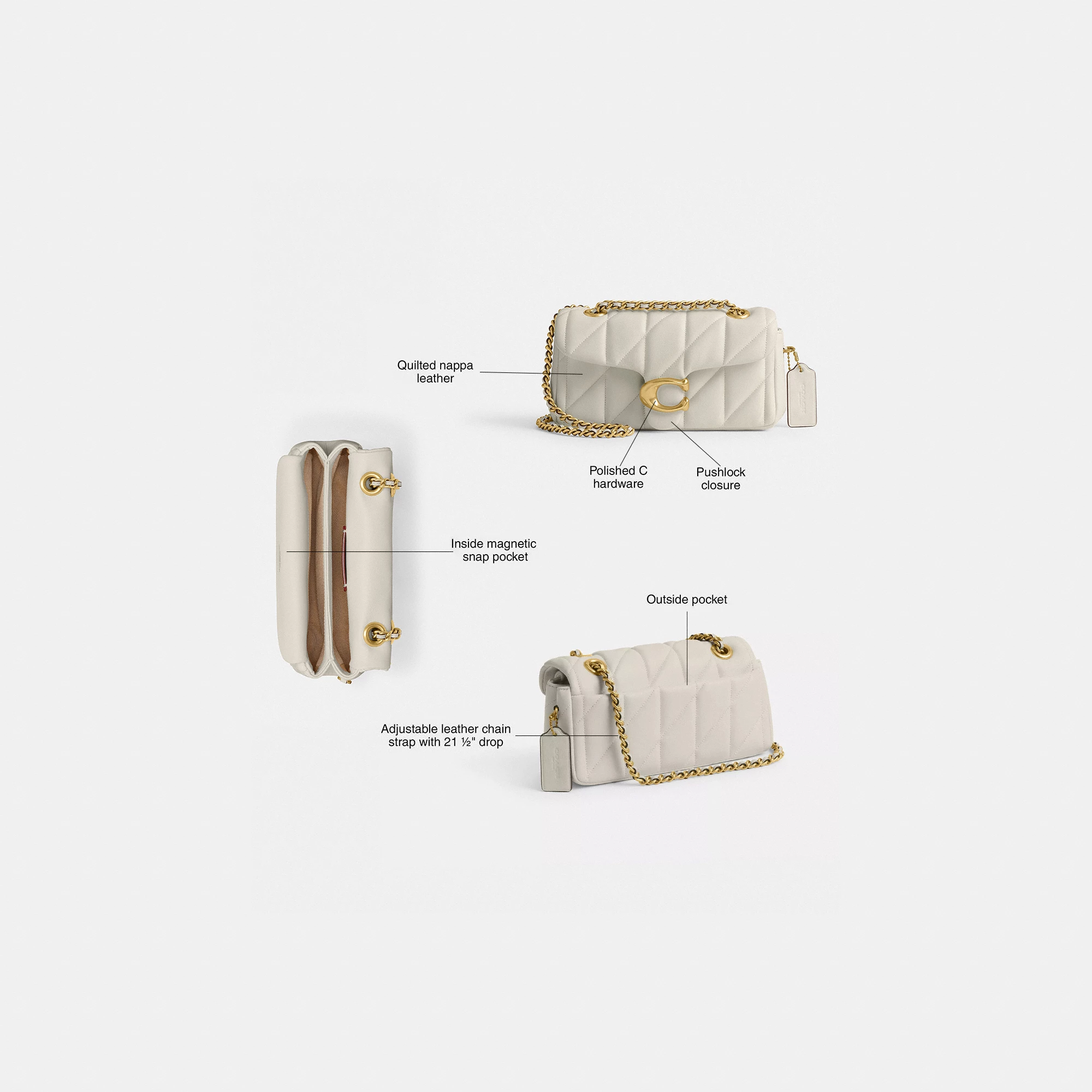 COACH®,Tabby Shoulder Bag 20 With Pillow Quilting,Leather,Shoulder Bag,Chain Detail,Embossed,Logo,Metal,Gold Metal,Day Party,White