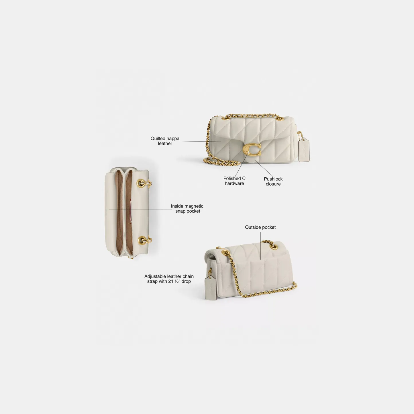 COACH®,Tabby Shoulder Bag 20 With Pillow Quilting,Leather,Shoulder Bag,Chain Detail,Embossed,Logo,Metal,Gold Metal,Day Party,White