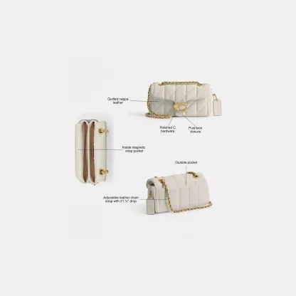 COACH®,Tabby Shoulder Bag 20 With Pillow Quilting,Leather,Shoulder Bag,Chain Detail,Embossed,Logo,Metal,Gold Metal,Day Party,White