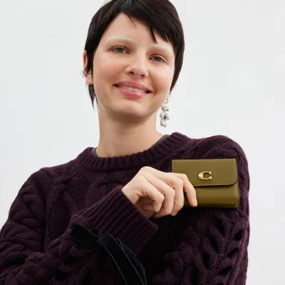 COACH®,Essential Card Holder Wallet,Leather,Calfskin Leather,Card Case,Bi Fold,Logo,Metal,Casual,Brown,Detail View