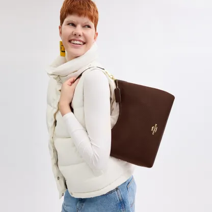 COACH®,Laurel Shoulder Bag,Leather,Hobo,Logo,Gold Metal,Casual,Brown,Detail View