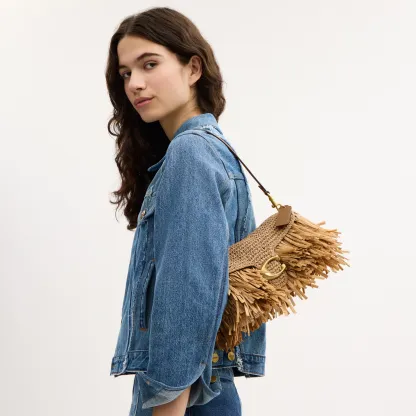 COACH®,Tabby Shoulder Bag 26,Crossbody,Shoulder Bag,Straw,Logo,Fringe,Brass,Casual,Beige,Detail View
