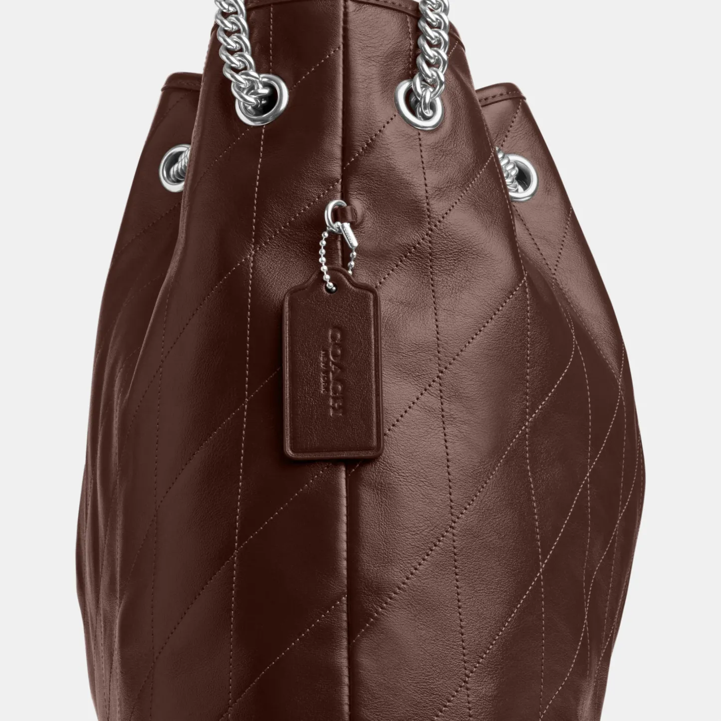 COACH®,Evelyn Large Shoulder Bag With Quilting,Leather,Bucket,Metal,Logo,Day Party,Brown,Closer View