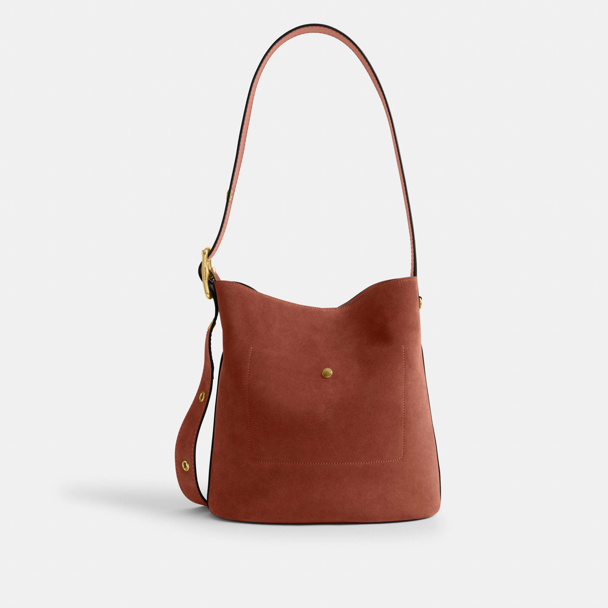 COACH®,Bleecker Bucket Bag,Leather,Suede,Bucket,Hobo,Embellished,Lined,Adjustable,Gold Metal,Casual,Brown,Back View