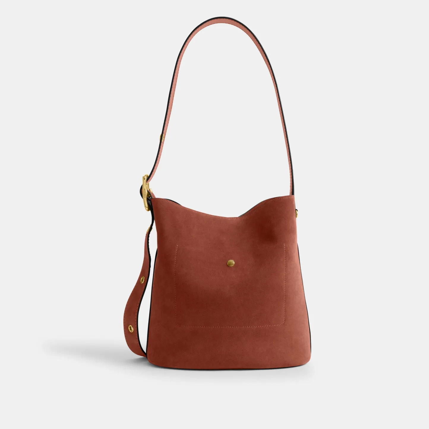 COACH®,Bleecker Bucket Bag,Leather,Suede,Bucket,Hobo,Embellished,Lined,Adjustable,Gold Metal,Casual,Brown,Back View