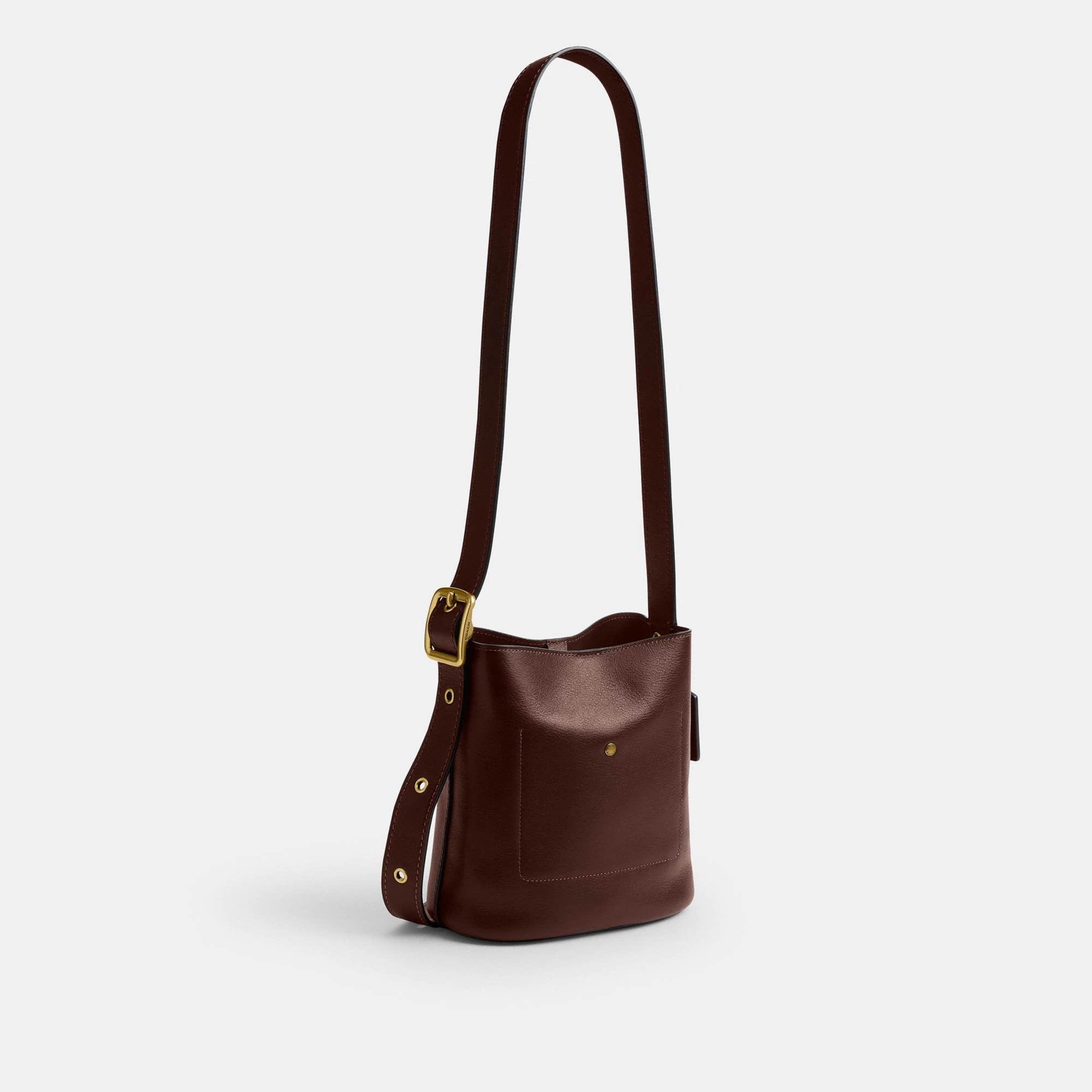 COACH®,Bleecker Bucket Bag 21,Leather,Bucket,Adjustable,Compact,Removable Pouch,Gold Metal,Casual,Brown,Angle View