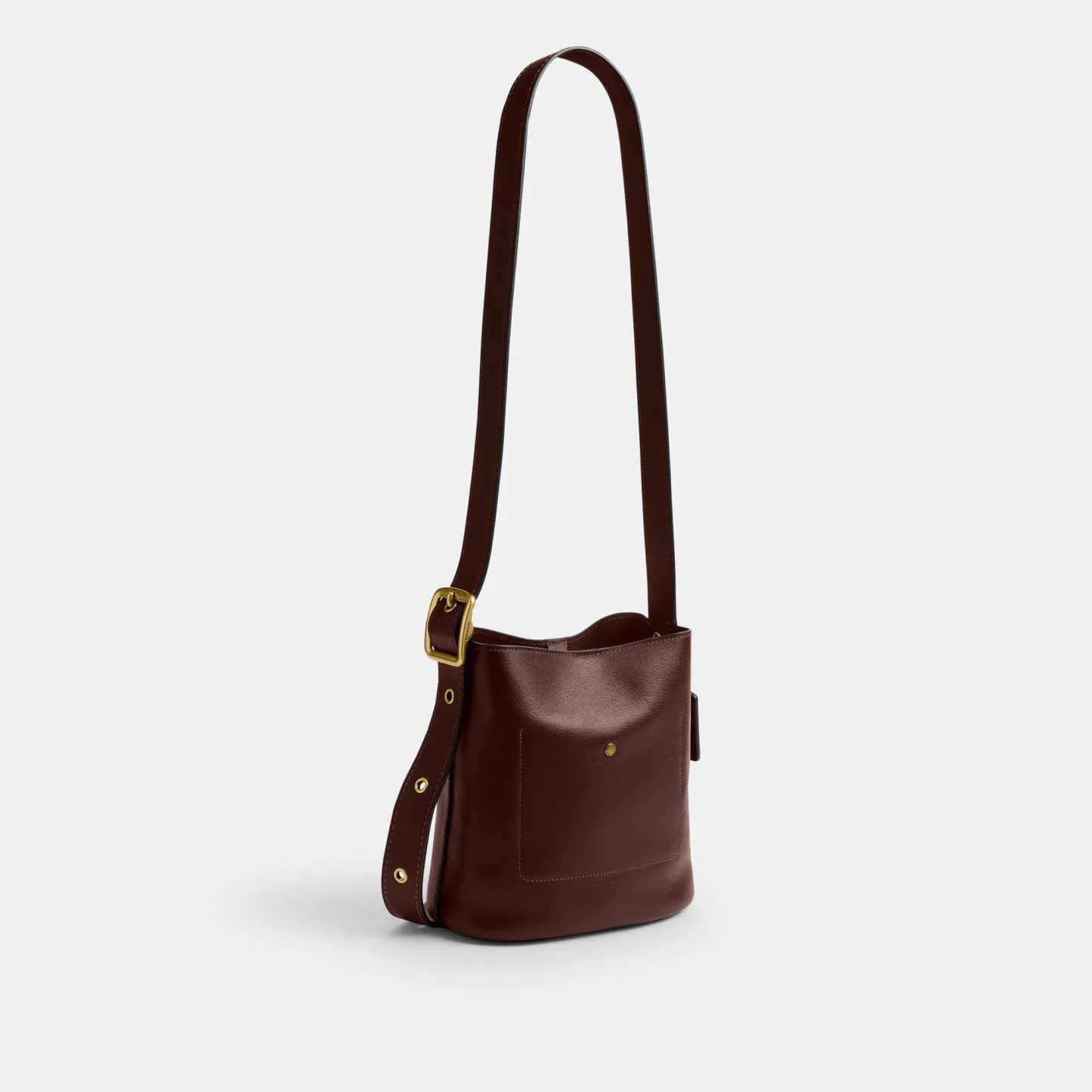 COACH®,Bleecker Bucket Bag 21,Leather,Bucket,Adjustable,Compact,Removable Pouch,Gold Metal,Casual,Brown,Angle View