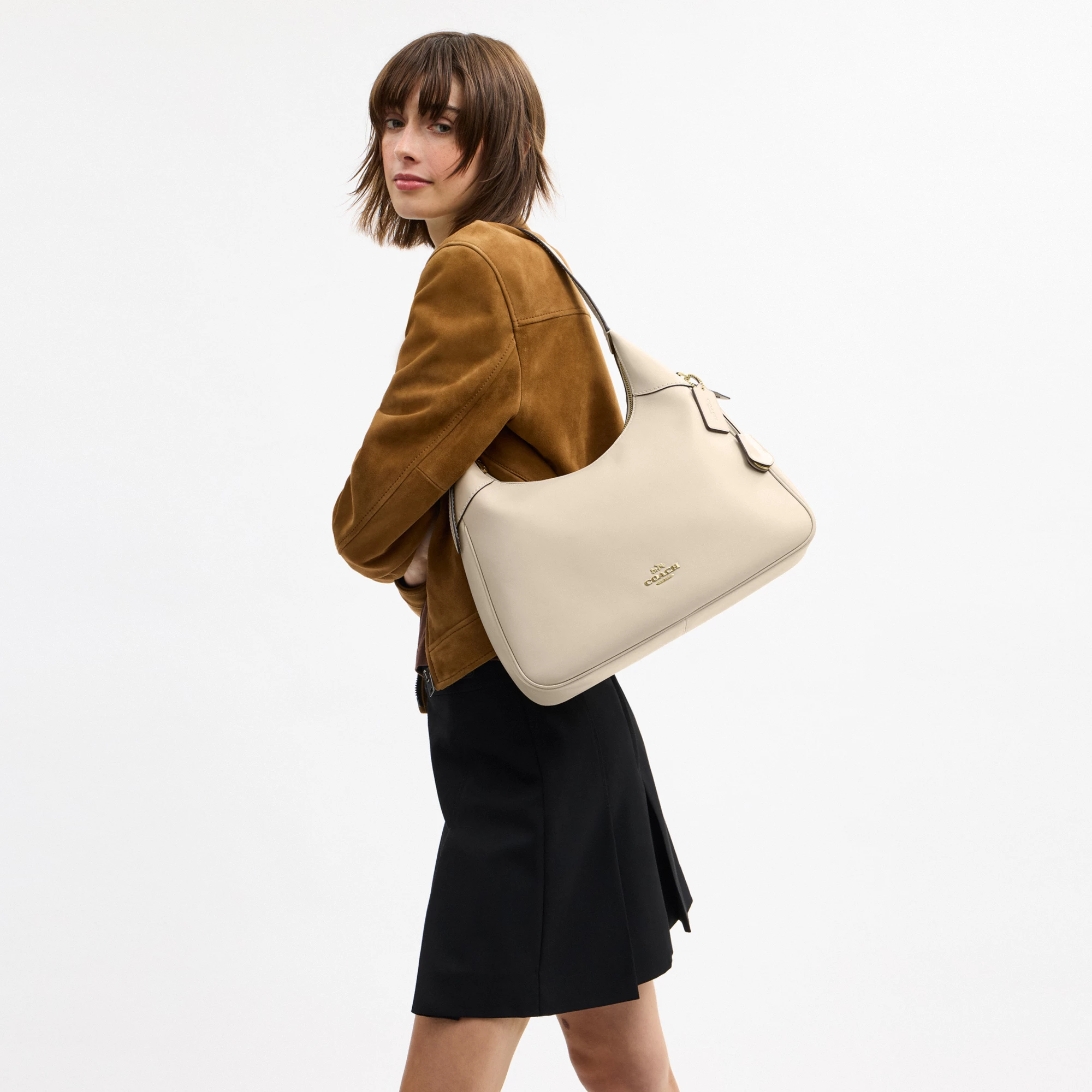 COACH®,Ella Shoulder Bag,Leather,Shoulder Bag,Adjustable,Lined,Gold Metal,Casual,Beige,Detail View