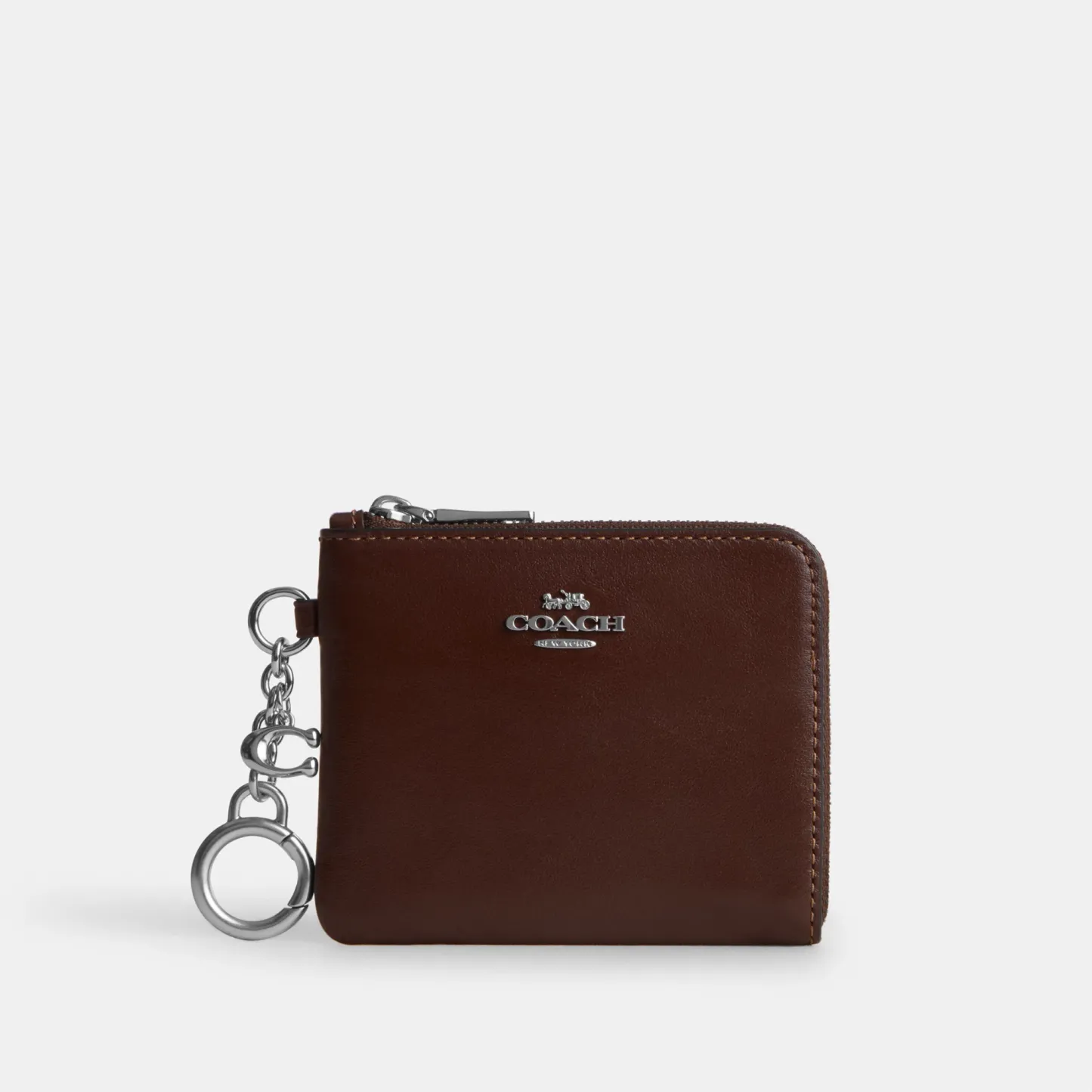 COACH®,Small Corner Zip Wallet,Leather,Coin,Metal Material,Logo,Silver Metal,Casual,Brown,Front View