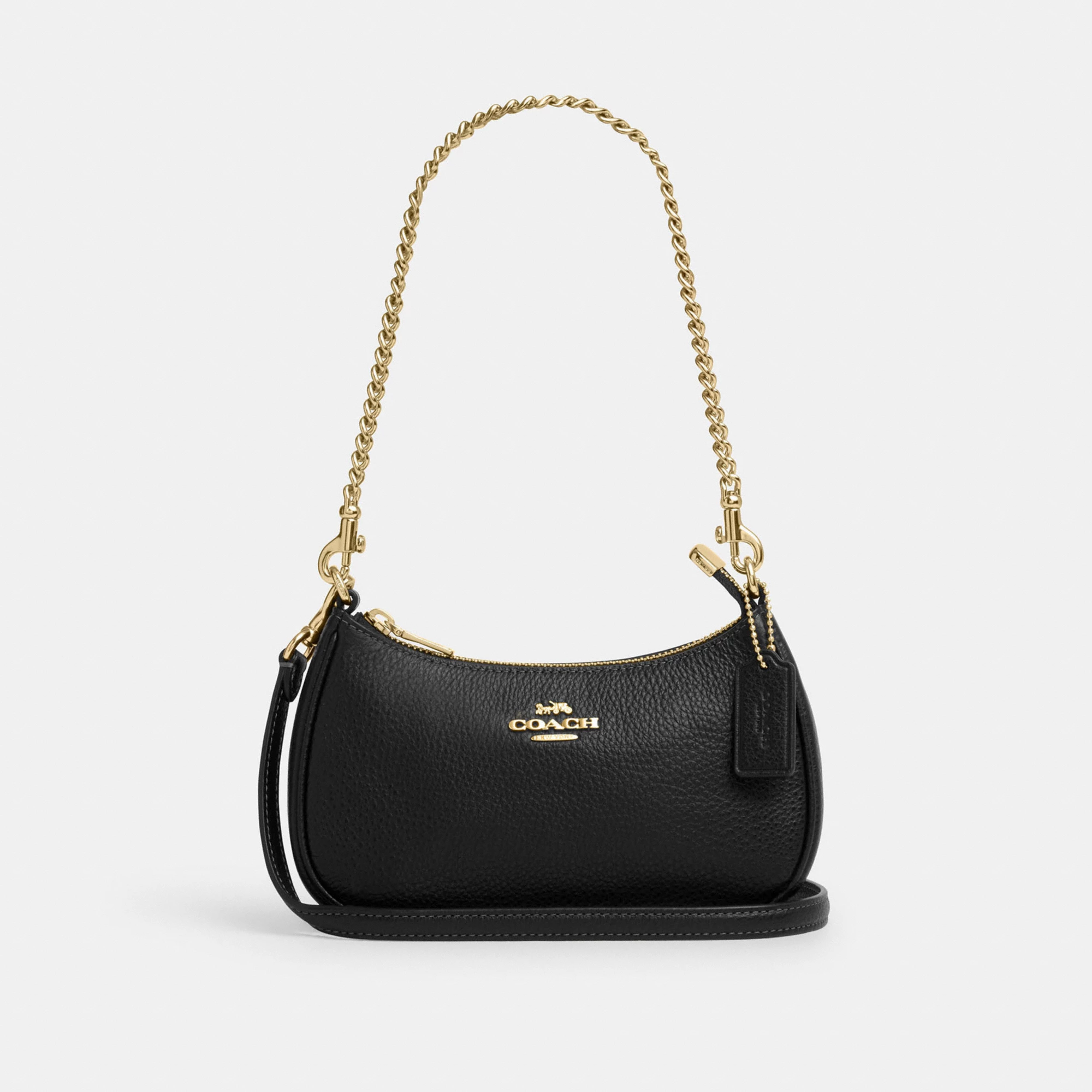 COACH®,Teri Mini Crossbody Bag,Leather,Recycled Polyester,Crossbody,Logo,Adjustable,Compact,Gold Metal,Casual,Black,Front View