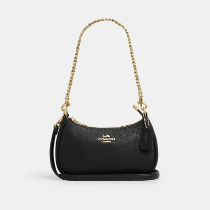 COACH®,Teri Mini Crossbody Bag,Leather,Recycled Polyester,Crossbody,Logo,Adjustable,Compact,Gold Metal,Casual,Black,Front View