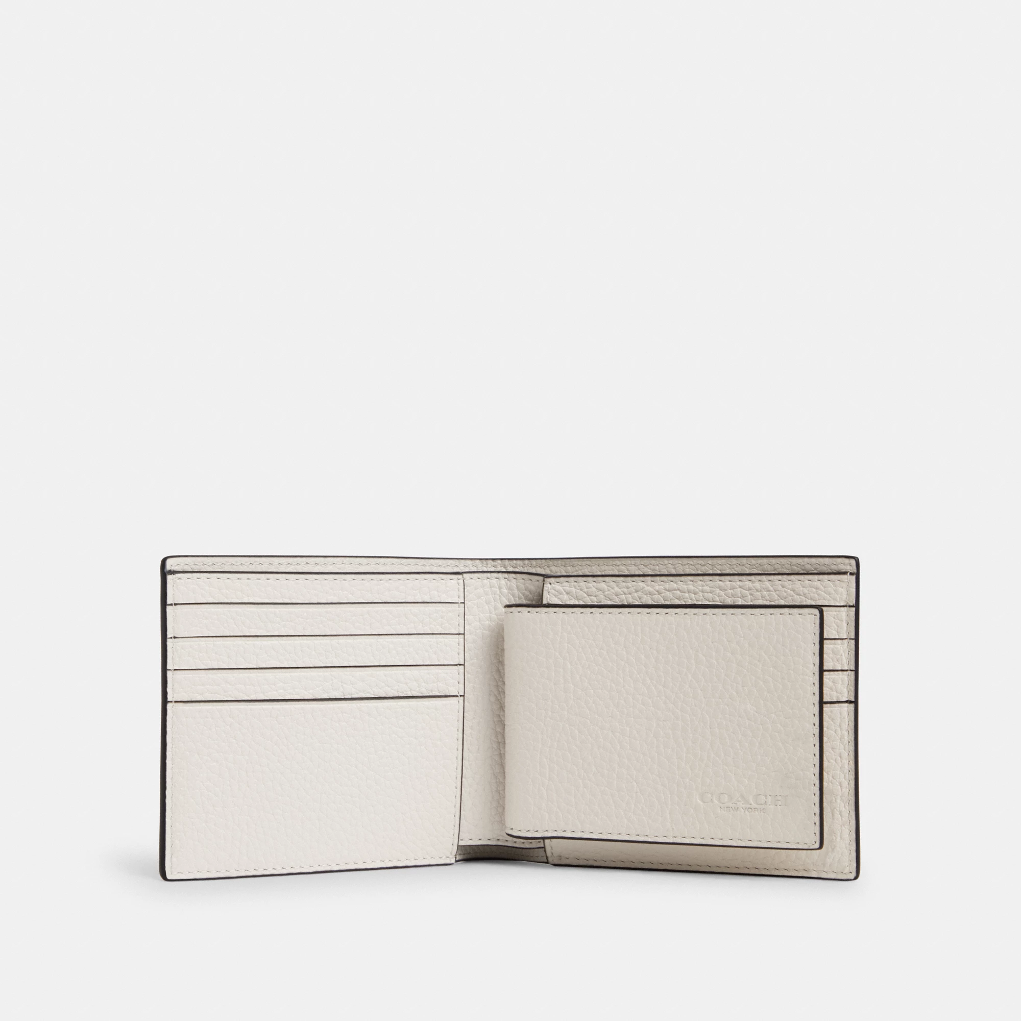 COACH®,3-In-1 Wallet,Leather,Bi Fold,Casual, Father's Day,Cream,Inside View,Top View