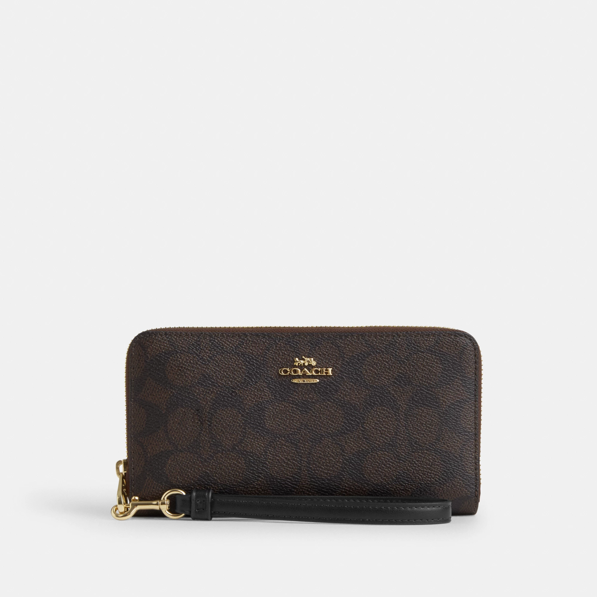COACH®,Long Zip Around Wallet In Signature Canvas,Continental,Coin,Sustainable,Casual,Black,Front View