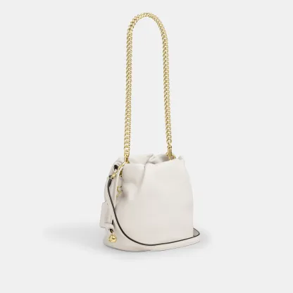 COACH®,Faye Mini Drawstring Bag,Leather,Bucket,Logo,Metal,Silver Metal,Day Party,White,Angle View