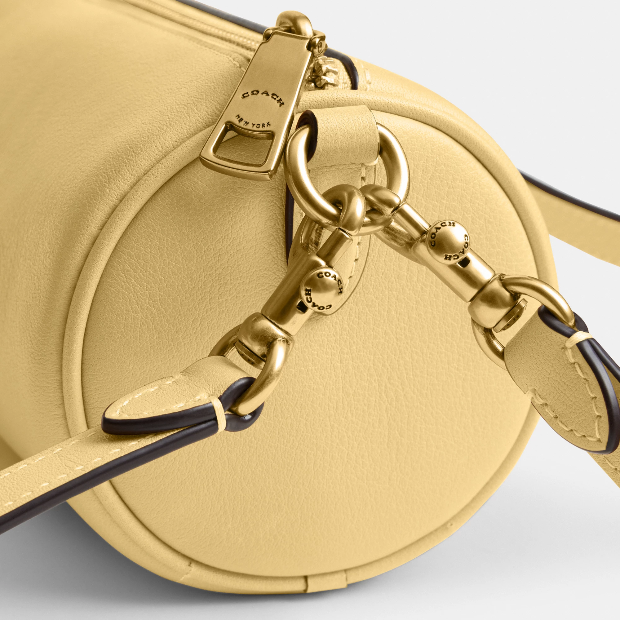 COACH®,Barrel Bag,Cotton,Leather,Barrel Bag,Pendant,Sustainable,Lined,Gold Metal,Day Party,Yellow,Closer View