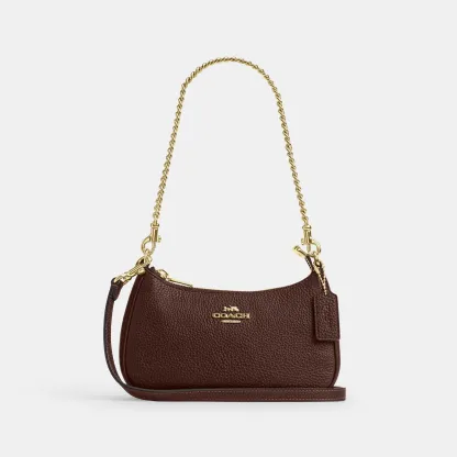 COACH®,Teri Mini Crossbody Bag,Leather,Recycled Polyester,Crossbody,Logo,Adjustable,Compact,Gold Metal,Casual,Brown,Front View