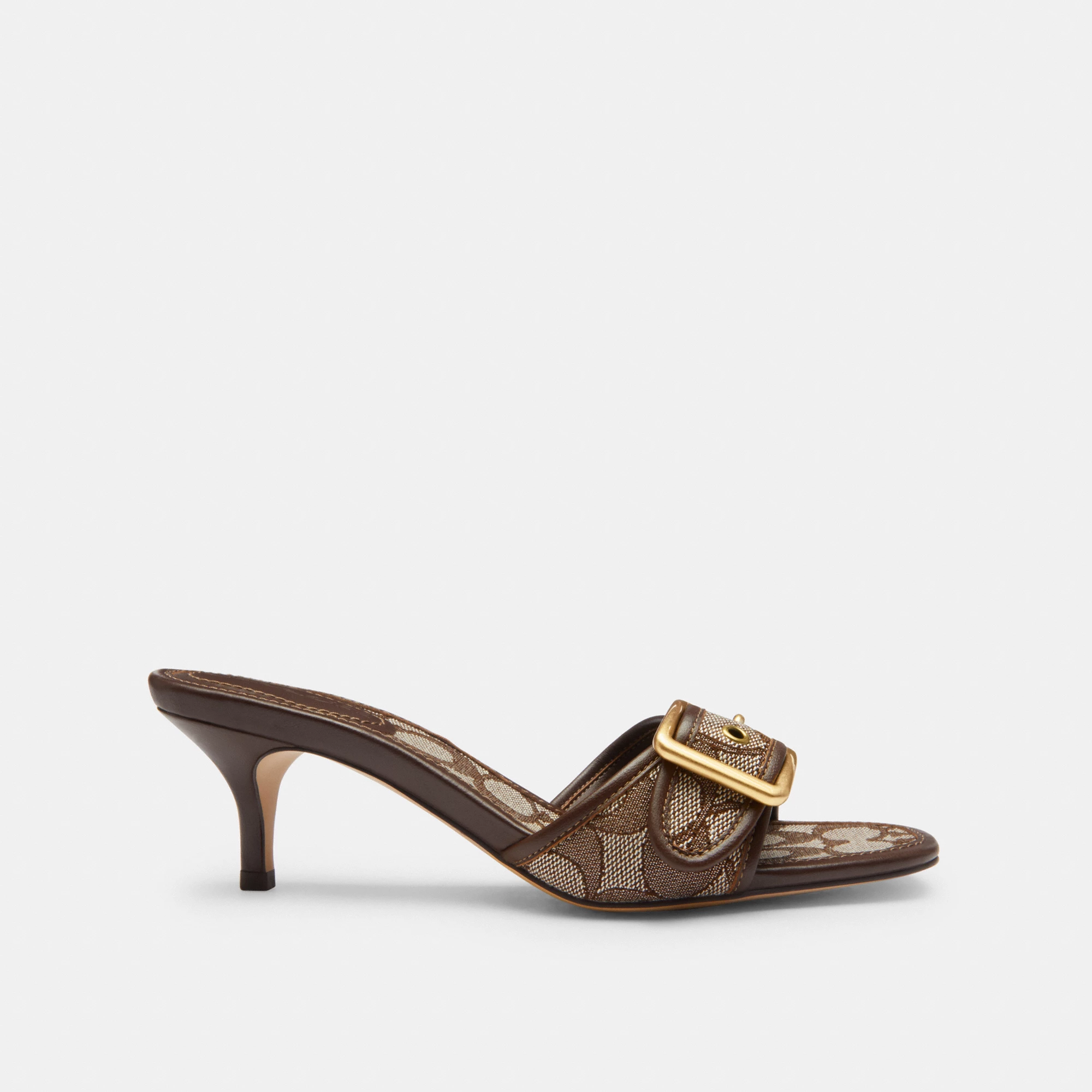 COACH®,Margot Sandal In Signature Jacquard,Recycled Cotton,Recycled Polyester,Leather,Slides,Fabric,Piping,Logo,Sustainabl...,Brown,Angle View