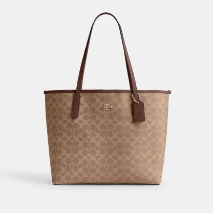 COACH®,City Tote Bag In Signature Canvas,Tote,Metal,Tag Embellishment,Color Block,Embossed,Piping,Logo,Casual,Multi Color,Front View