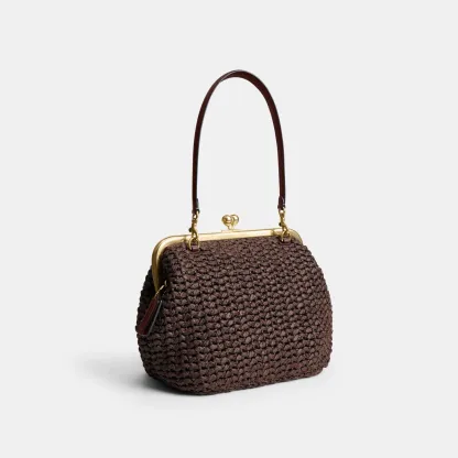 COACH®,Kisslock Frame Bag 27,Cotton,Calfskin Leather,Clutch,Metal Material,Straw,Pendant,Lined,Brass,Day Party,Brown,Angle View