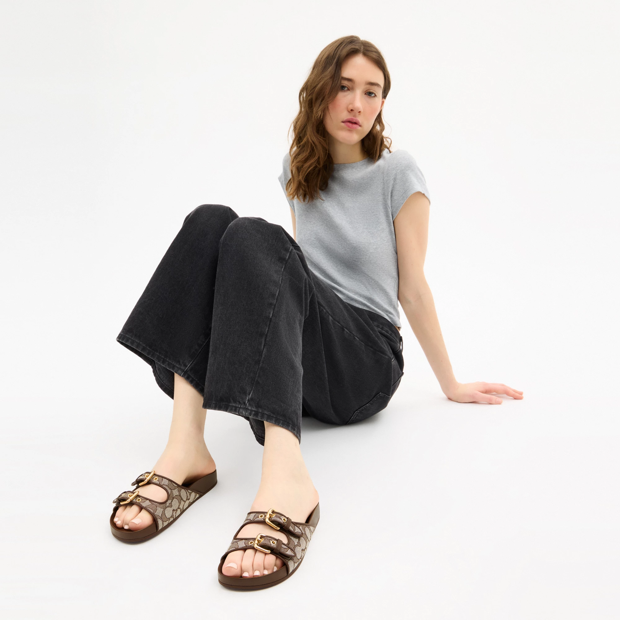 COACH®,Two Band Buckle Sandal In Signature Jacquard,Recycled Polyester,Cotton,Rubber,Polyester,Recycled Cotton,Slides,Fabr...,Multi Color,Detail View