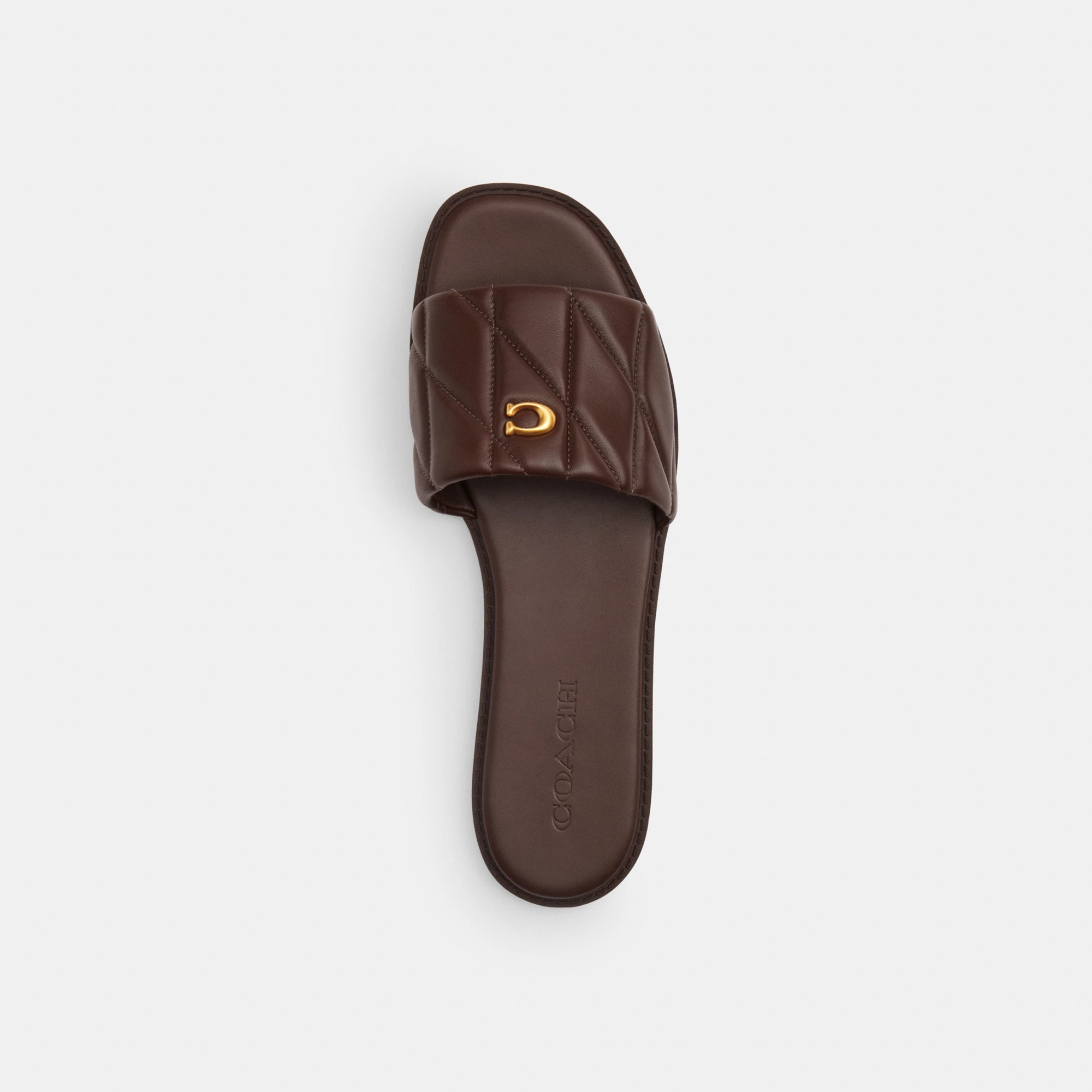 COACH®,Holly Sandal With Quilting,Rubber,Leather,Slides,Metal,Logo,Traction,Cushioned,Casual,Brown,Inside View,Top View