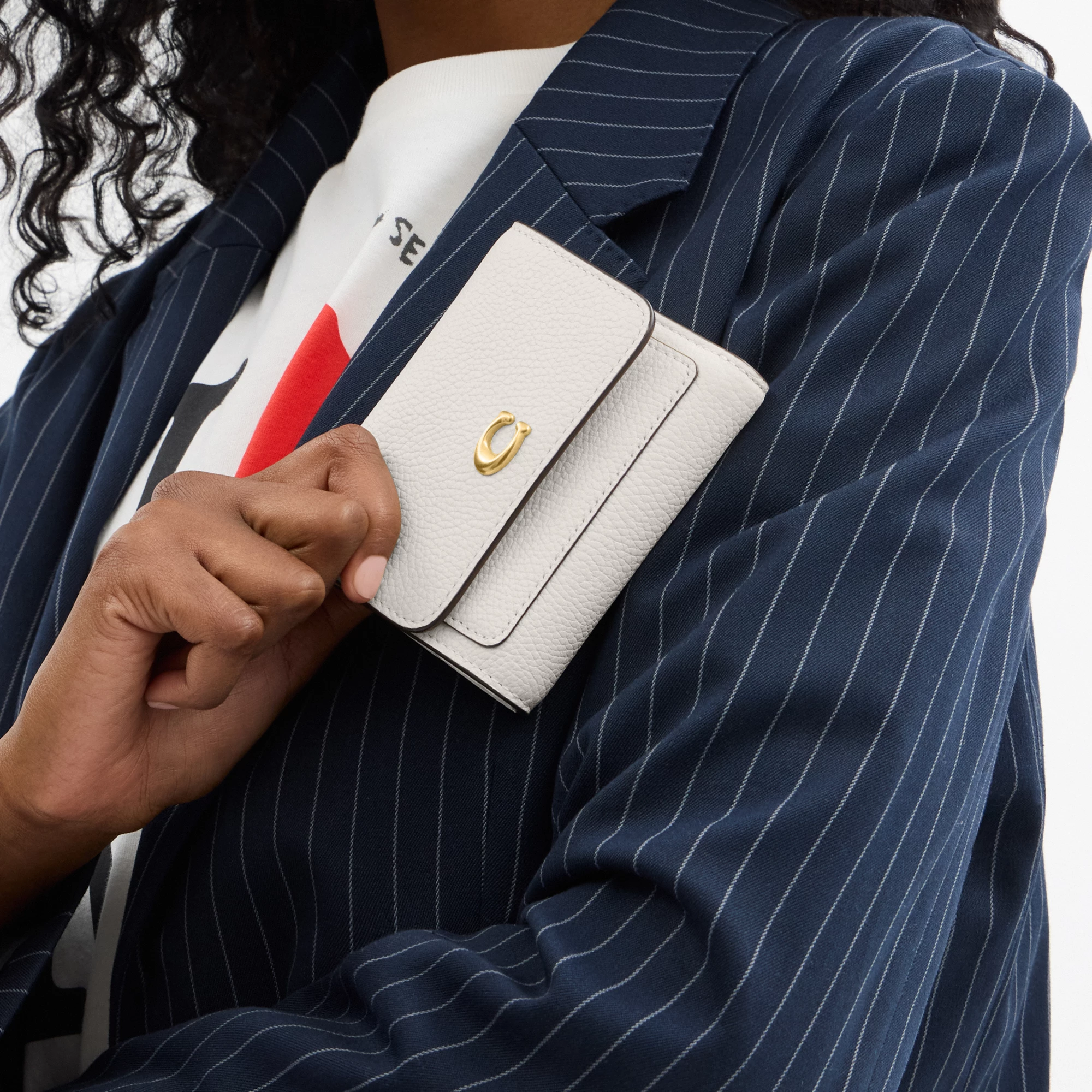 COACH®,Mila Small Flap Wallet,Leather,Tri Fold,Logo,Metal,Casual,White,Detail View