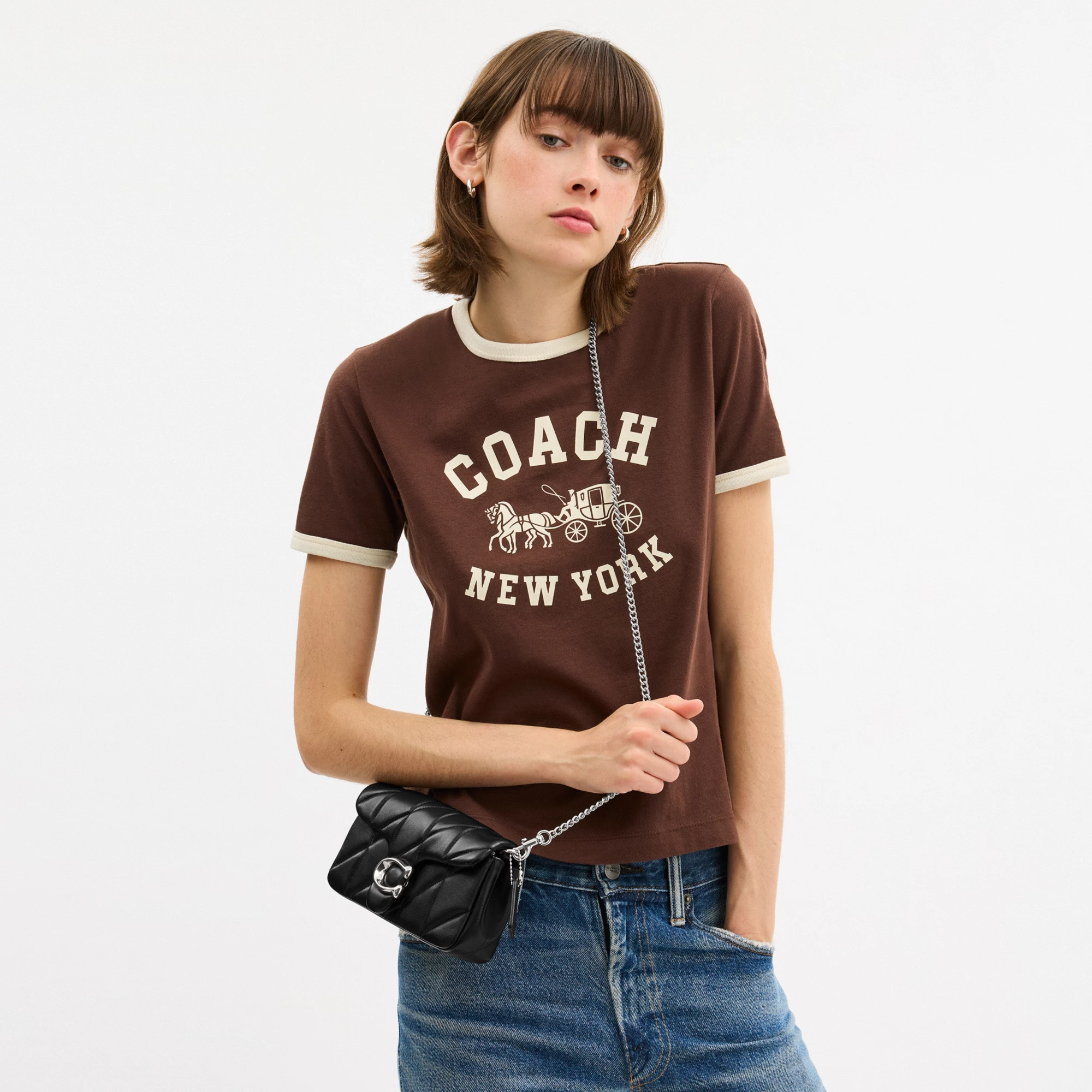 COACH®,Tabby Chain Crossbody Bag 19 With Quilting,Lining Leather,Leather,Crossbody,Wristlet,Logo,Pattern,Stitching,Embelli...,Black,Detail View