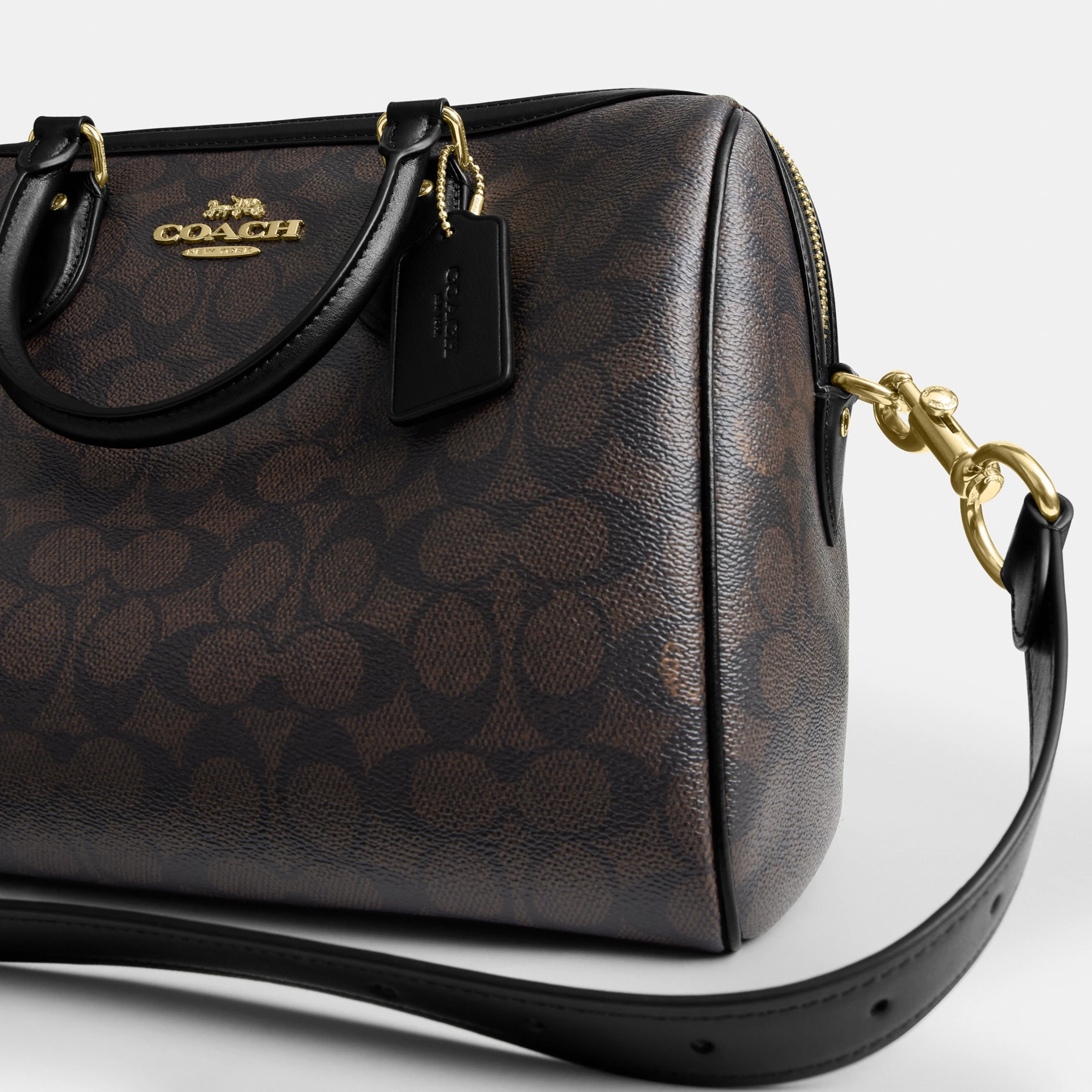COACH®,Rowan Large Satchel Bag In Signature Canvas,Polyester,Leather,Canvas,Recycled Polyester,Satchel,Logo,Sustainable,Ad...,Brown,Closer View
