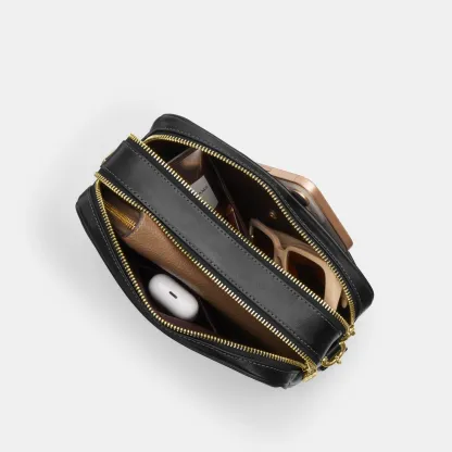 COACH®,Carey Crossbody Bag,Recycled Polyester,Leather,Camera Bag,Metal,Logo,Adjustable,Lined,Gold Metal,Casual,Black,Inside View,Top View