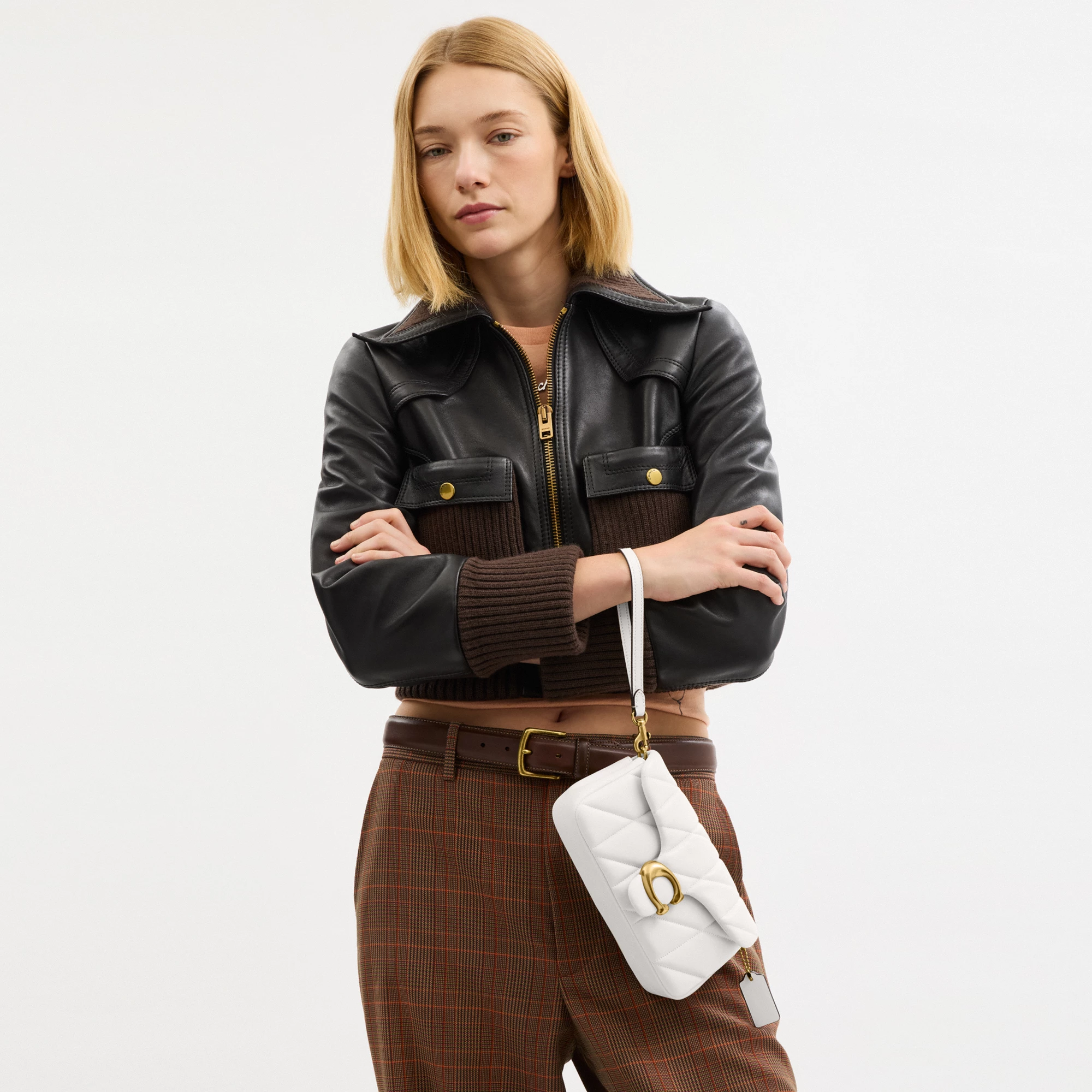 COACH®,Tabby Chain Crossbody Bag 19 With Quilting,Lining Leather,Leather,Crossbody,Wristlet,Logo,Pattern,Stitching,Embelli...,White,Detail View