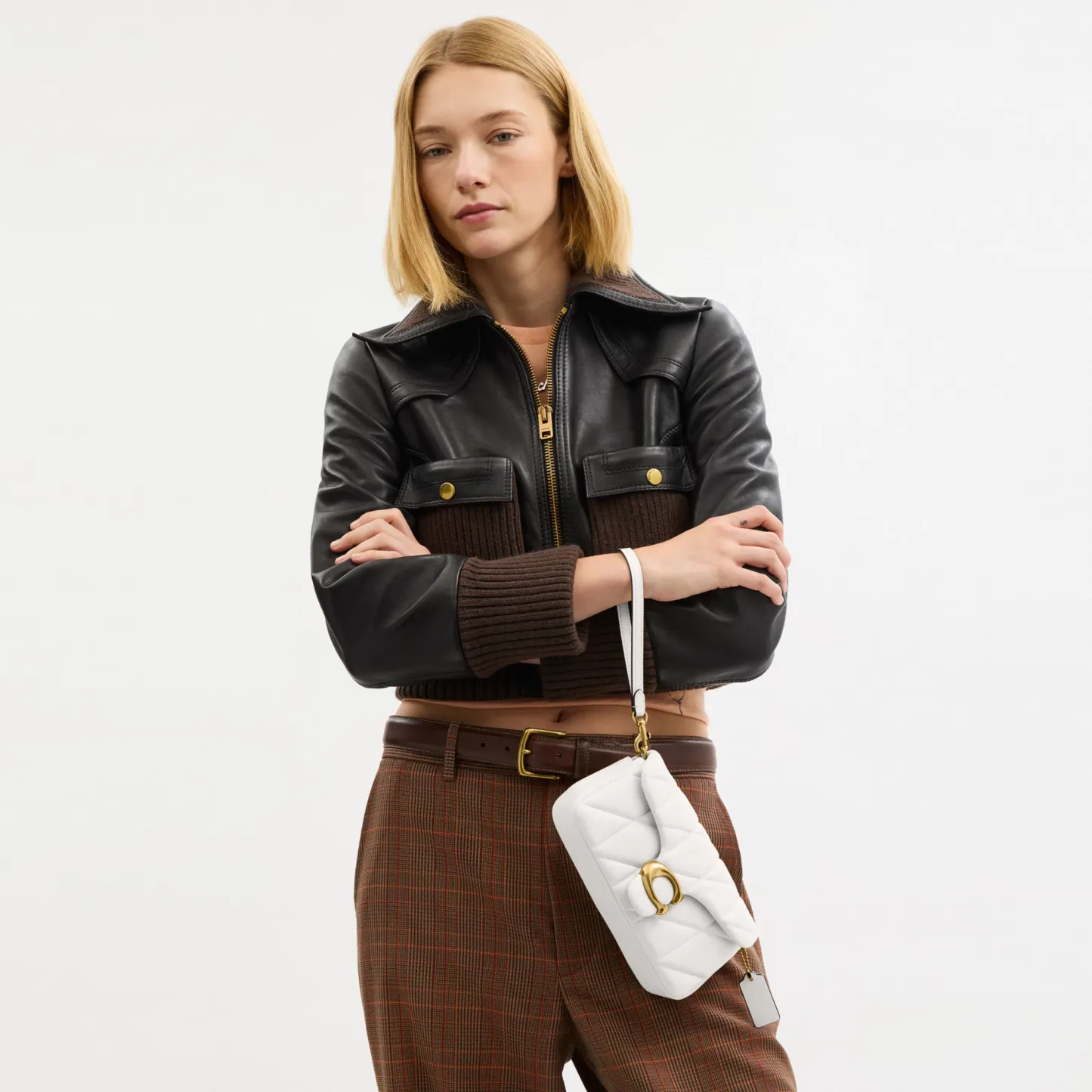 COACH®,Tabby Chain Crossbody Bag 19 With Quilting,Lining Leather,Leather,Crossbody,Wristlet,Logo,Pattern,Stitching,Embelli...,White,Detail View