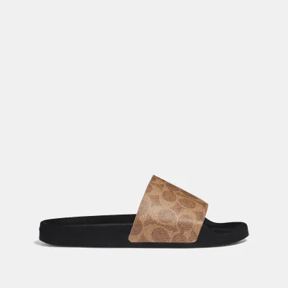 COACH®,Udele Sport Slide In Signature Canvas,Canvas,Rubber,EVA,Slides,Logo,Pull Tab,Cushioned Outsole,Casual,Brown,Angle View