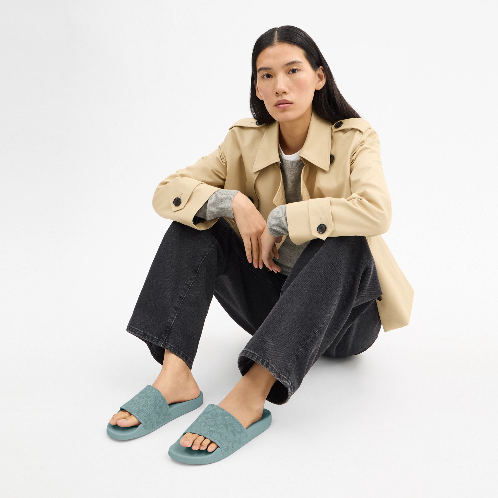 COACH®,Udele Sport Slide In Signature Jacquard Canvas,Rubber,EVA,Canvas,Slides,Fabric,Logo,Pull Tab,Casual,Blue,Detail View