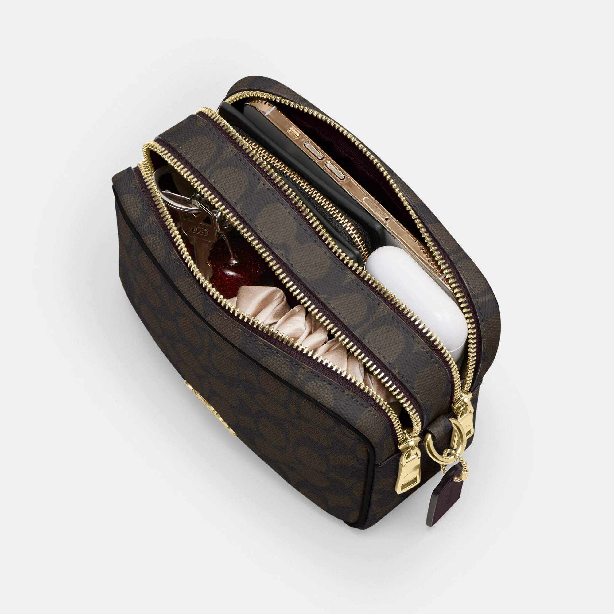 COACH®,Mini Carey Crossbody Bag In Signature Canvas,Polyester,Leather,Canvas,Crossbody,Metal Material,Logo,Metal,Piping,Pe...,Brown,Inside View,Top View