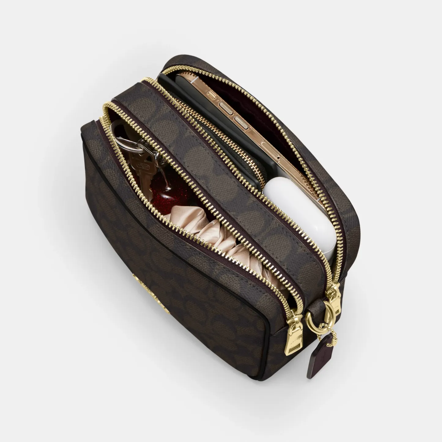 COACH®,Mini Carey Crossbody Bag In Signature Canvas,Polyester,Leather,Canvas,Crossbody,Metal Material,Logo,Metal,Piping,Pe...,Brown,Inside View,Top View