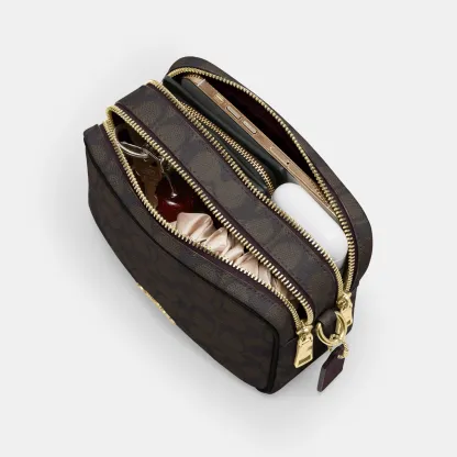 COACH®,Mini Carey Crossbody Bag In Signature Canvas,Polyester,Leather,Canvas,Crossbody,Metal Material,Logo,Metal,Piping,Pe...,Brown,Inside View,Top View