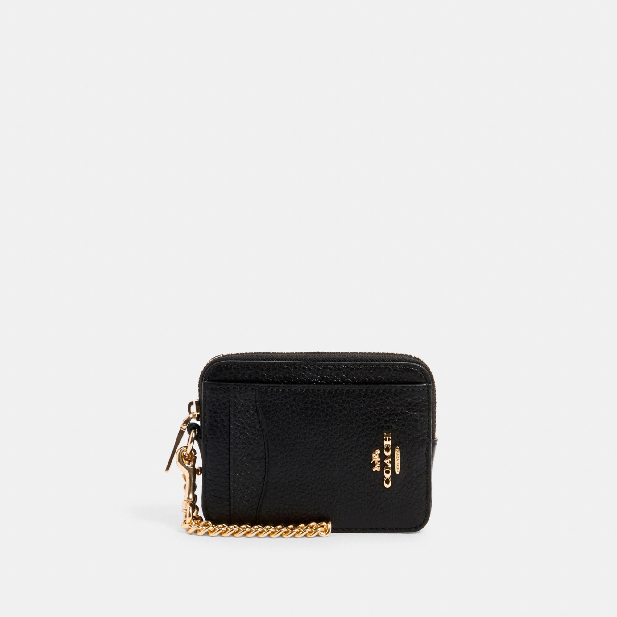 COACH®,Zip Card Case,Leather,Coin,Wristlet,Card Case,Gold Metal,Casual,Black,Front View