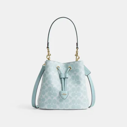 COACH®,Rowan Bucket Bag In Signature Canvas,Polyester,Leather,Recycled Polyester,Canvas,Bucket,Logo,Drawstring,Metal,Adjus...,Blue,Front View