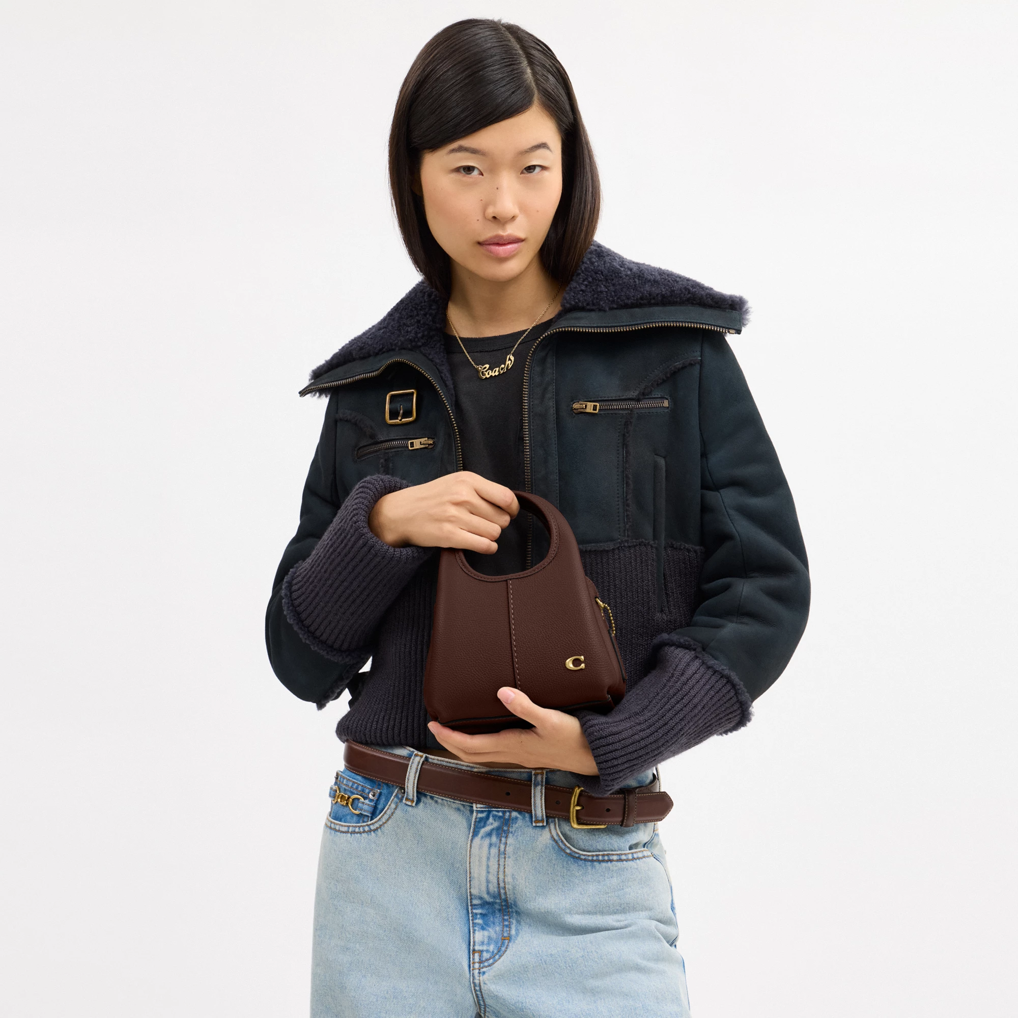 COACH®,Lana Shoulder Bag 19,Leather,Crossbody,Metal,Logo,Shoulder Guard,Brass,Casual,Brown,Detail View