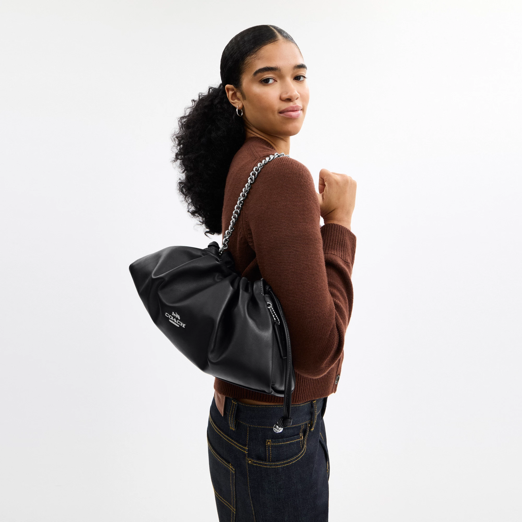 COACH®,Faye Large Shoulder Bag,Leather,Bucket,Logo,Ruched,Metal,Shoulder Guard,Lined,Silver Metal,Day Party,Black,Detail View