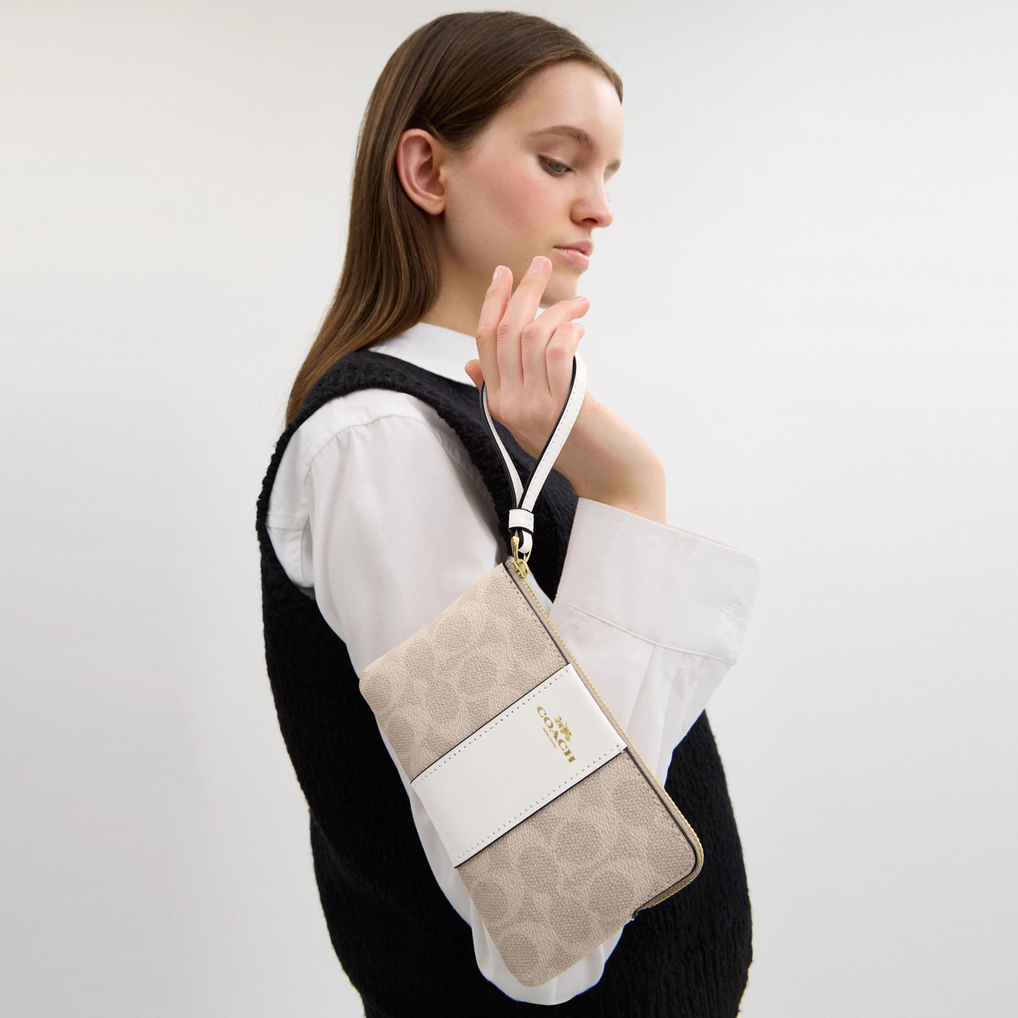 COACH®,Corner Zip Wristlet In Signature Canvas With Stripe,Wristlet,Pouch,Color Block,Casual,Beige,Detail View