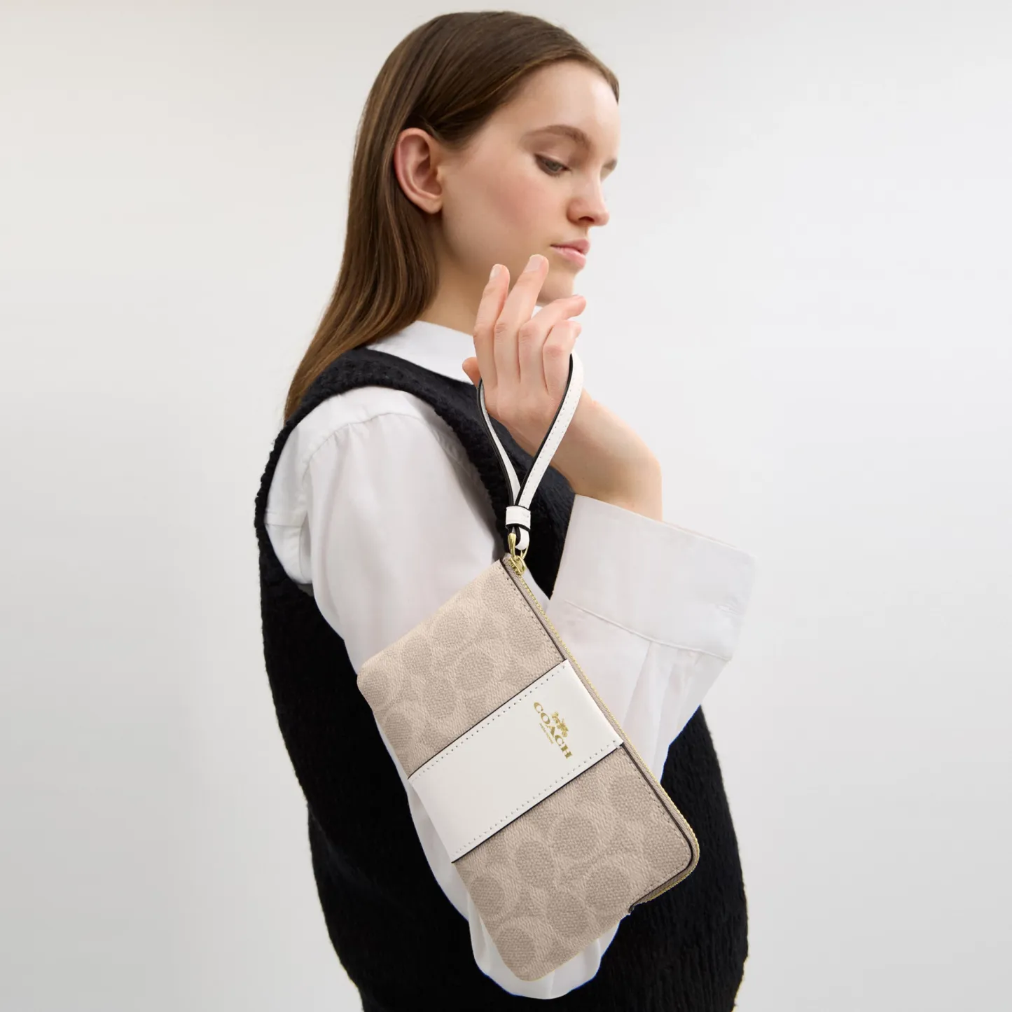 COACH®,Corner Zip Wristlet In Signature Canvas With Stripe,Wristlet,Pouch,Color Block,Casual,Beige,Detail View