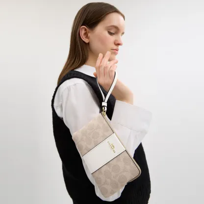 COACH®,Corner Zip Wristlet In Signature Canvas With Stripe,Wristlet,Pouch,Color Block,Casual,Beige,Detail View