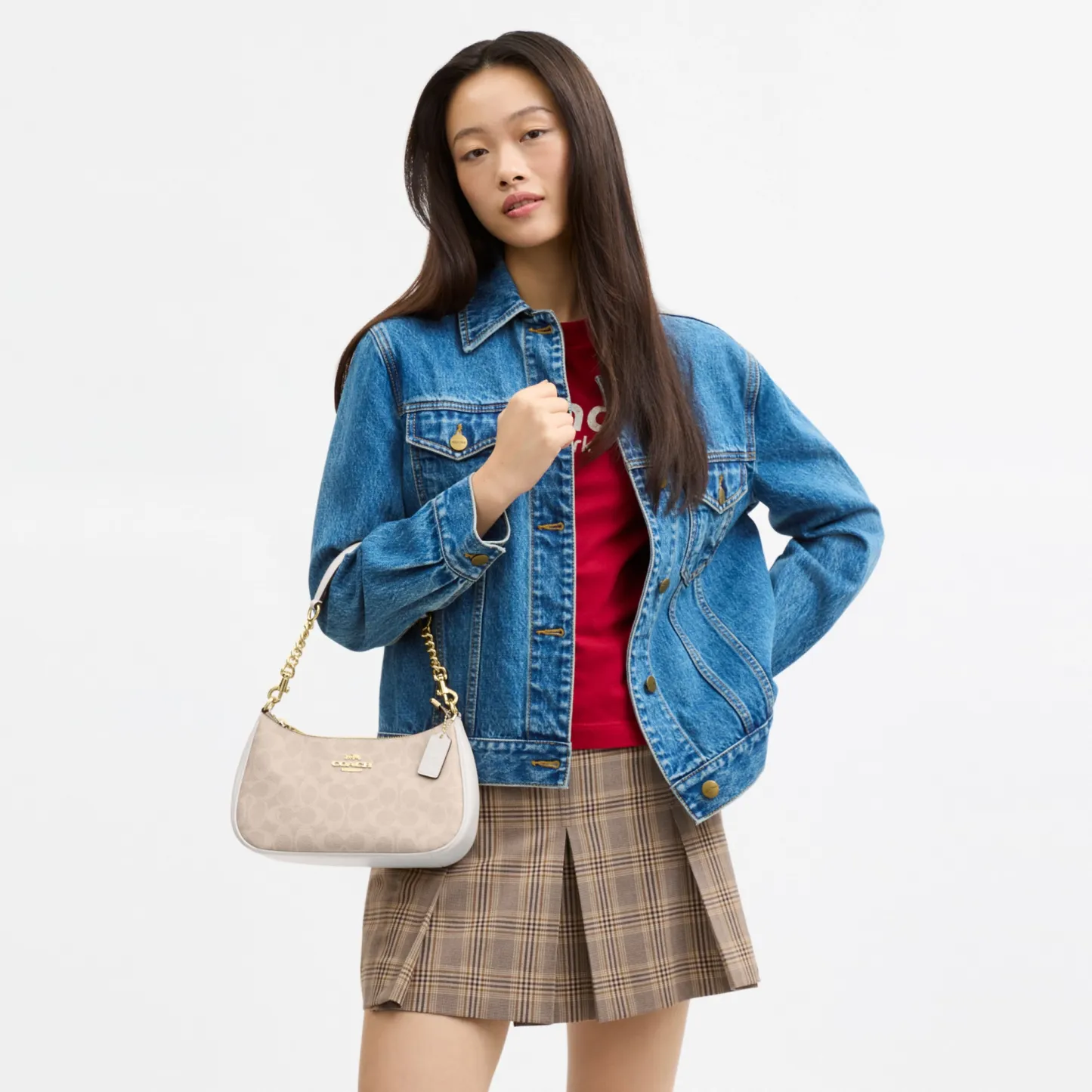 COACH®,Teri Shoulder Bag In Signature Canvas,Shoulder Bag,Logo,Tag Embellishment,Embossed,Metal,Casual,Beige,Detail View