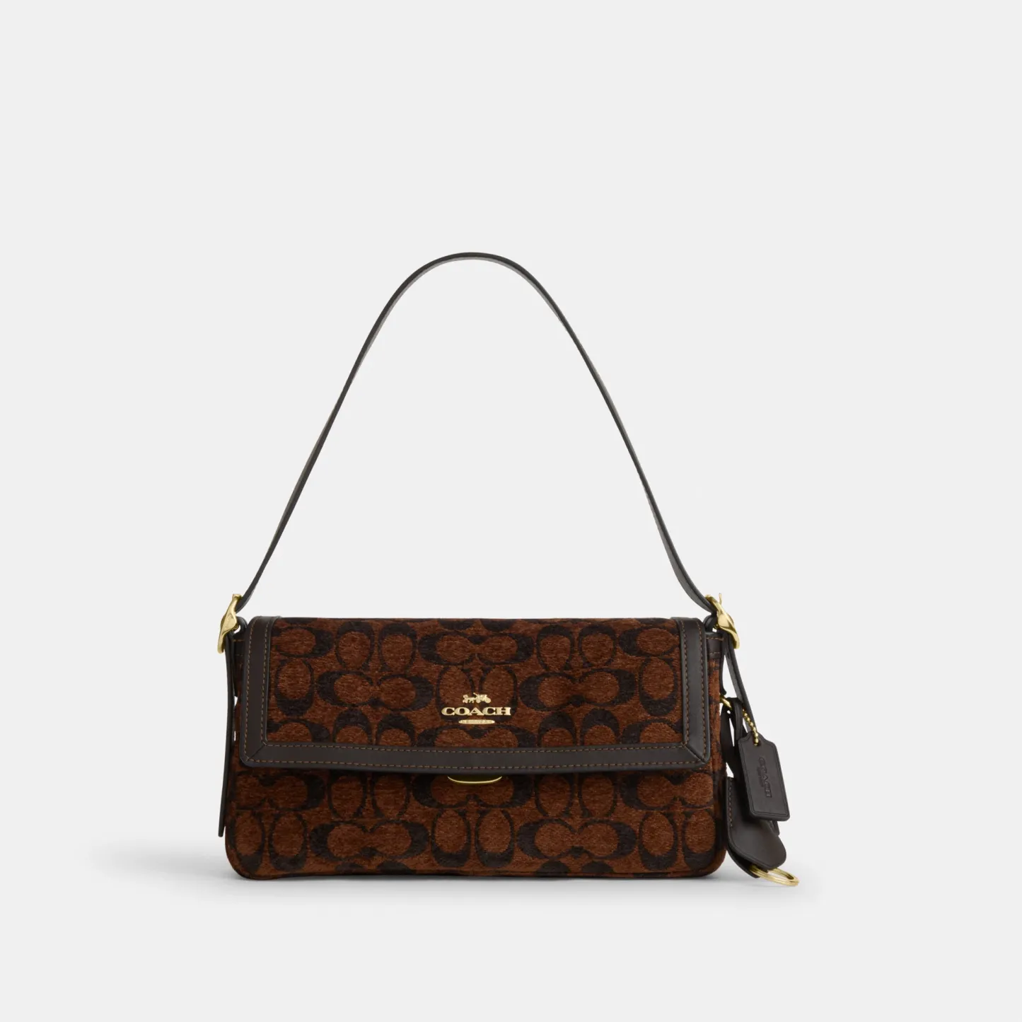 COACH®,Etta Small Flap Shoulder Bag In Signature Chenille,Leather,Fabric,Shoulder Bag,Word Embellishment,Logo,Adjustable,C...,Brown,Front View
