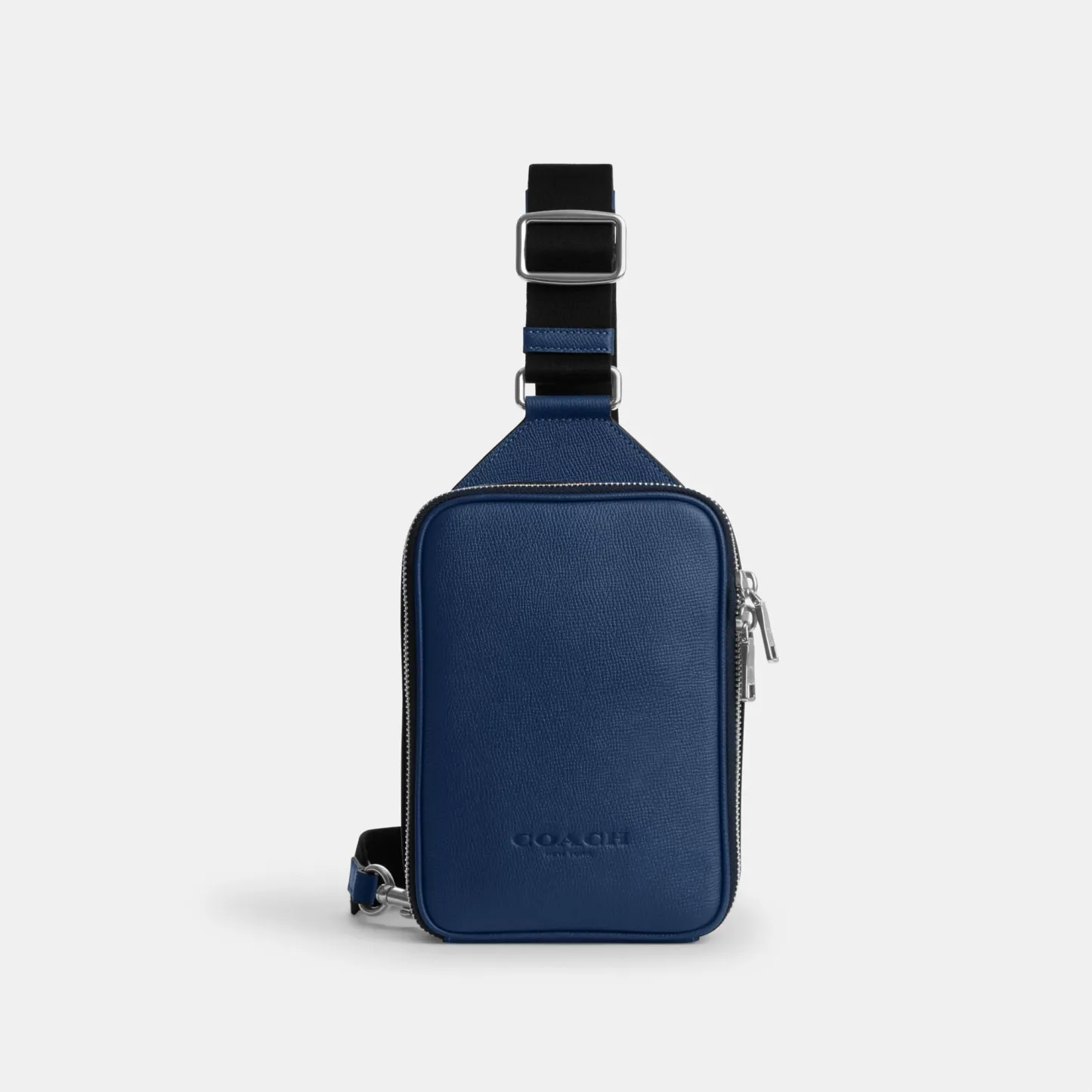 COACH®,Ray Pack,Recycled Polyester,Leather,Crossbody,Slingback,Metal Material,Logo,Adjustable,Silver Metal,Casual,Blue,Front View
