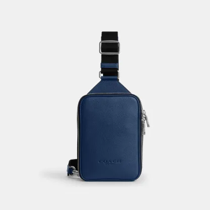 COACH®,Ray Pack,Recycled Polyester,Leather,Crossbody,Slingback,Metal Material,Logo,Adjustable,Silver Metal,Casual,Blue,Front View