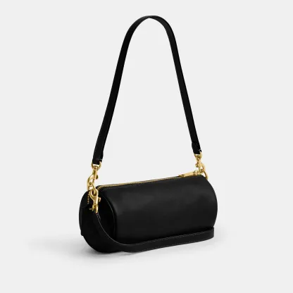 COACH®,Barrel Bag,Cotton,Leather,Barrel Bag,Pendant,Sustainable,Lined,Gold Metal,Day Party,Black,Angle View